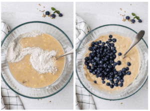 A bowl showing mixing together the dry and wet ingredients, and another bowl showing folding in the blueberries.